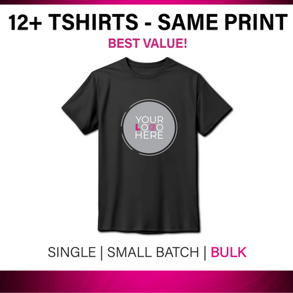 Black t-shirt with a customizable design area on a white background with text about quantity and print options.