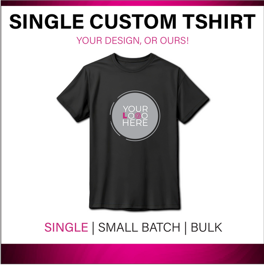 Black t-shirt with customizable design area on a white background with text about customization options.